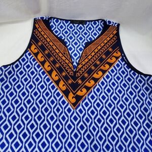 THML Women's Blue Sleeveless Orange Embroidered Inset Vibrant Top Large